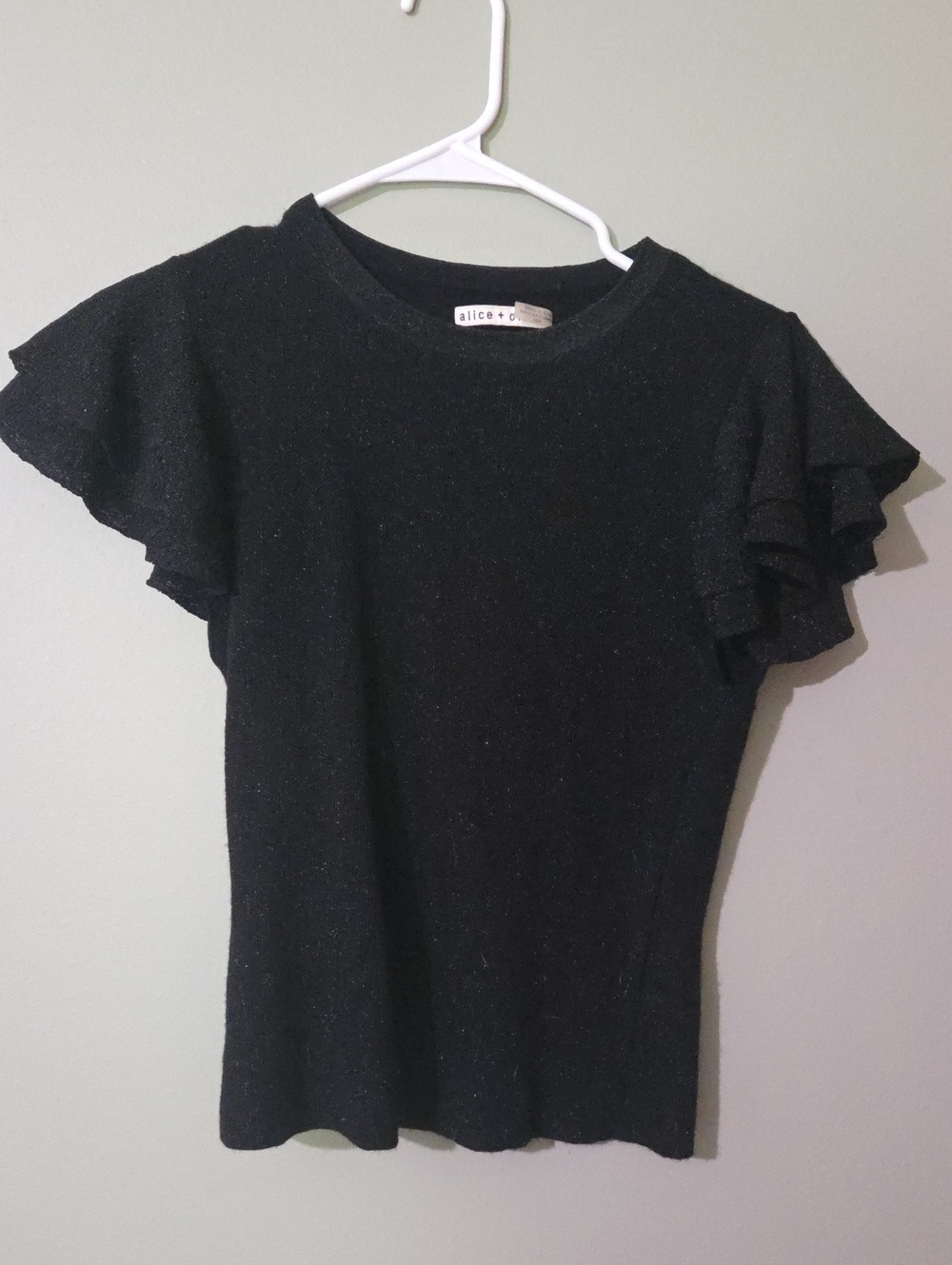 Alice + Olivia Black Sparkle Ruffle Sleeve Top